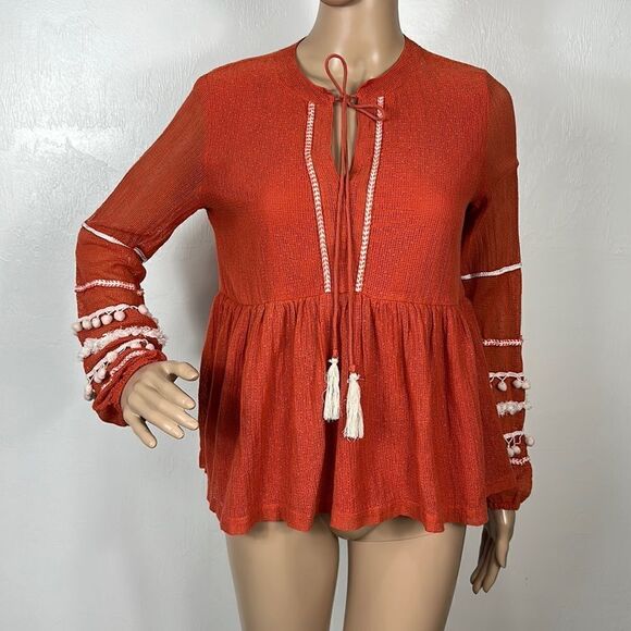 Cute Options Cotton Boho Peasant Tassel Ties Long Sleeve Top Blouse Size S - Picture 1 of 8